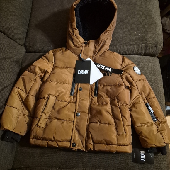 DKNY Toddler's Timber Tan Hooded Full Length Zipper Faux Fur Puffer Jacket SZ 4T